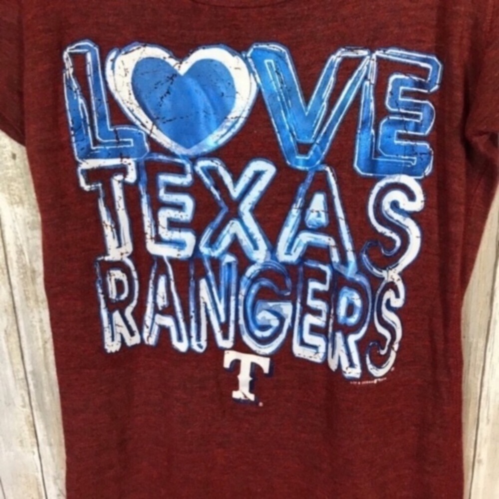 Texas Rangers Love Graphic Tee Womens Small Red Blue Baseball Shirt - Picture 2 of 5